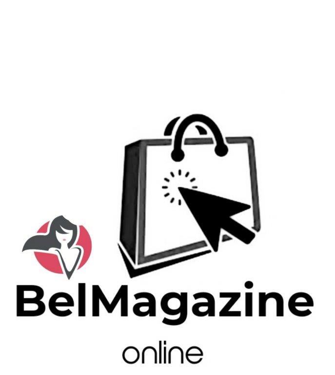 Um fundo branco, com uma sacola de compras, uma seta do mouse clicando encima da sacola. Ao lado esquerdo, uma mulher está no computador. Abaixo, a escrita Belmagazine, e mais em baixo, Online. Belmagazine Online está escrita na cor preta.
